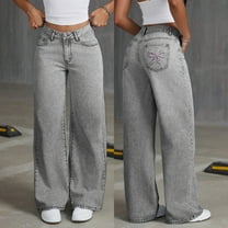 Girls Baggy Jeans - Elastic Waist Heart Patch Wide Leg Pants for Girls with Flat Pockets - Casual Fashion Clothes Black Jeans Plus Size