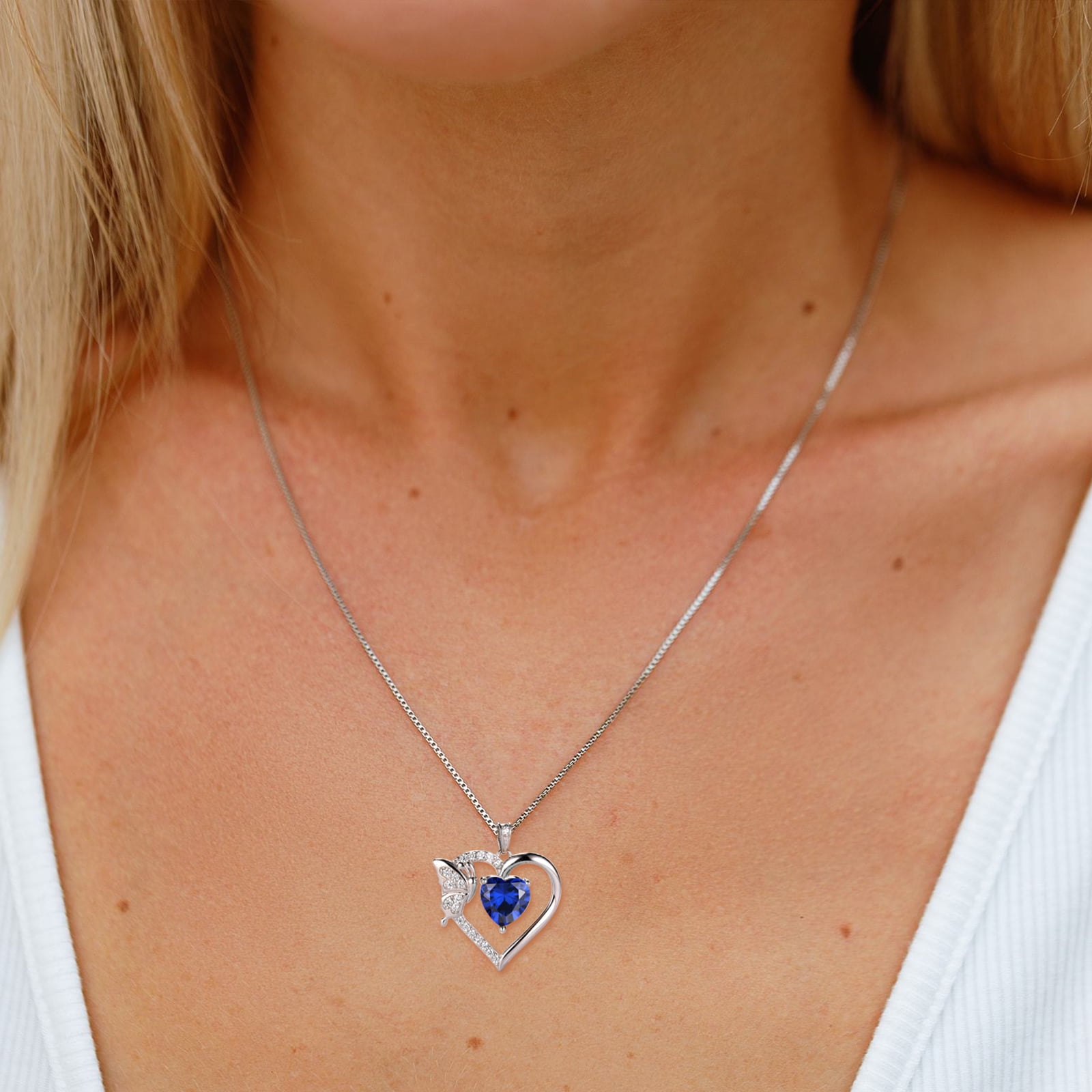 Blue Heart Necklace Butterfly September Birthstone Necklace Sapphire CZ 925 Sterling Silver Pendant Jewelry Women Birthday Mother's Day Gifts