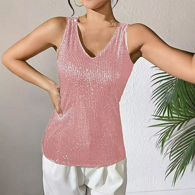 Timegard Sequin Tops for Women Sparkly V Neck Tank Tops Fitting Solid Color Sleeveless Party Club Tee Shirts