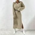 thumbnail image 4 of Feancey Women's Ribbed Knit Dress Casual Long Sleeve Lapel Collar Sweater Dresses Fashion Side Split Midi Dresses Fall Outfits Khaki XL, 4 of 9