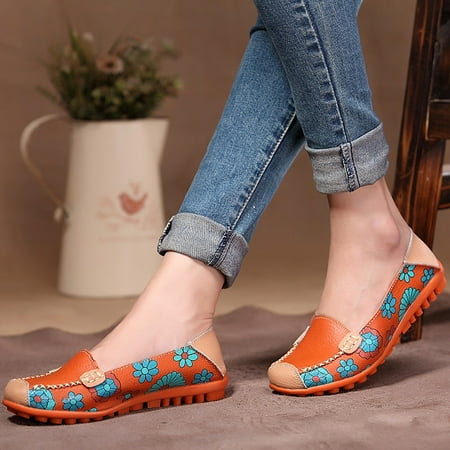 

ERTUTUYI Women s comfortable leather printed flat casual peas shoes loafers walking shoes Orange 41