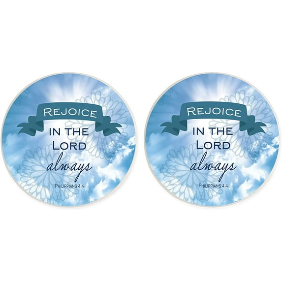 Rejoice Always Scripture Floral Blue 2.75 x 2.75 Ceramic Car Coasters Pack of 2