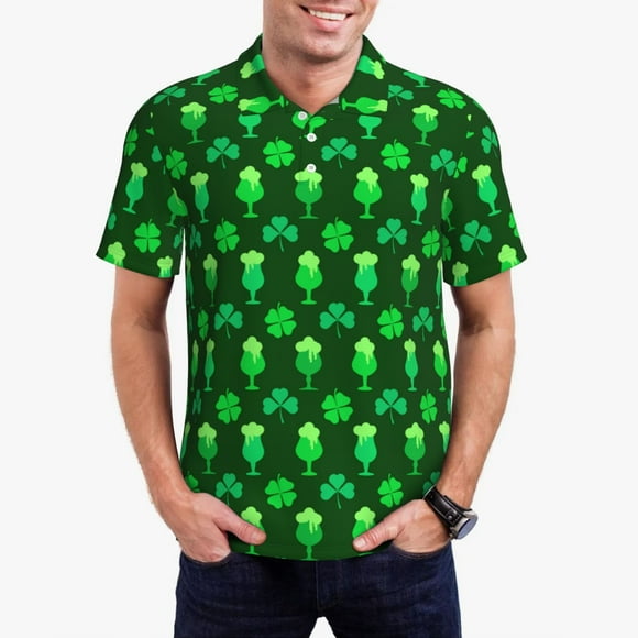 Cauagu leaves and glasses of beer for St. Patrick's Day Print Men's Polo Shirts, Short-Sleeve Polo Shirts for Men Performance Golf Shirt Athletic Casual Collared T-Shirt-XX-Large
