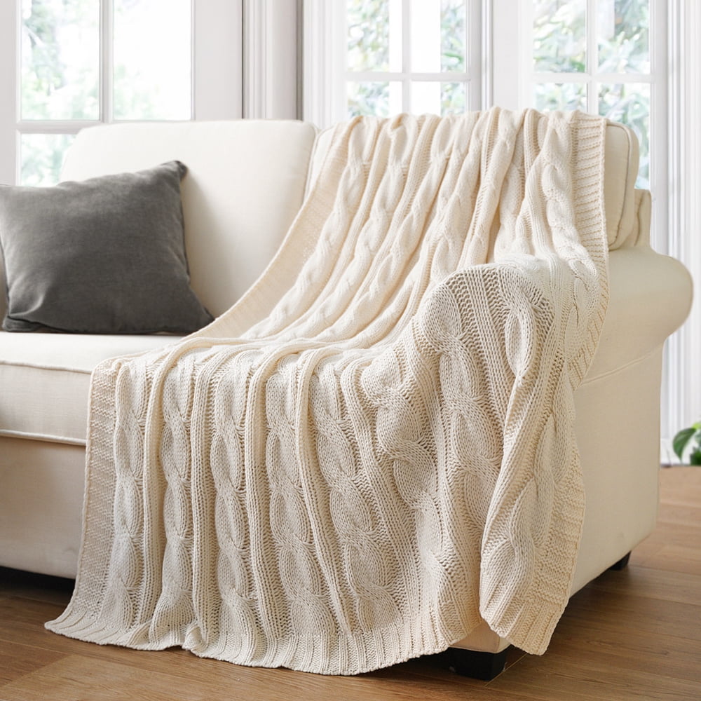 Cream Cable Knit Blankets, White Herringbone Decorative Knitted Throw,Housewarming Gifts,50"x60"