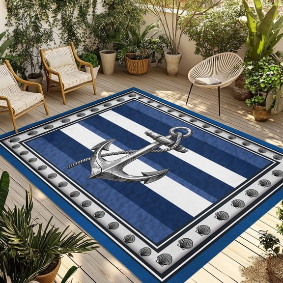 Navy Blue Anchor Outdoor Rug for Patio/Deck/Porch, Non-Slip Large Area Rug 6 x 9 Ft, Nautical Summer Beach Coastal Ocean Indoor Outdoor Rugs Washable Area Rugs, Reversible Camping Rug Carpet Runner