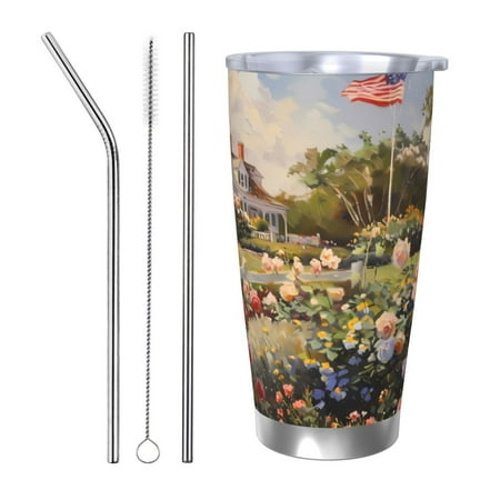 

Cauagu American Flag Rose Garden Pattern 20oz Tumbler Stainless Steel Vacuum Insulated Tumbler with Lid Insulated Coffee Mug Thermal Cup with Splash Proof Sliding Lid-Straw Three-piece Set