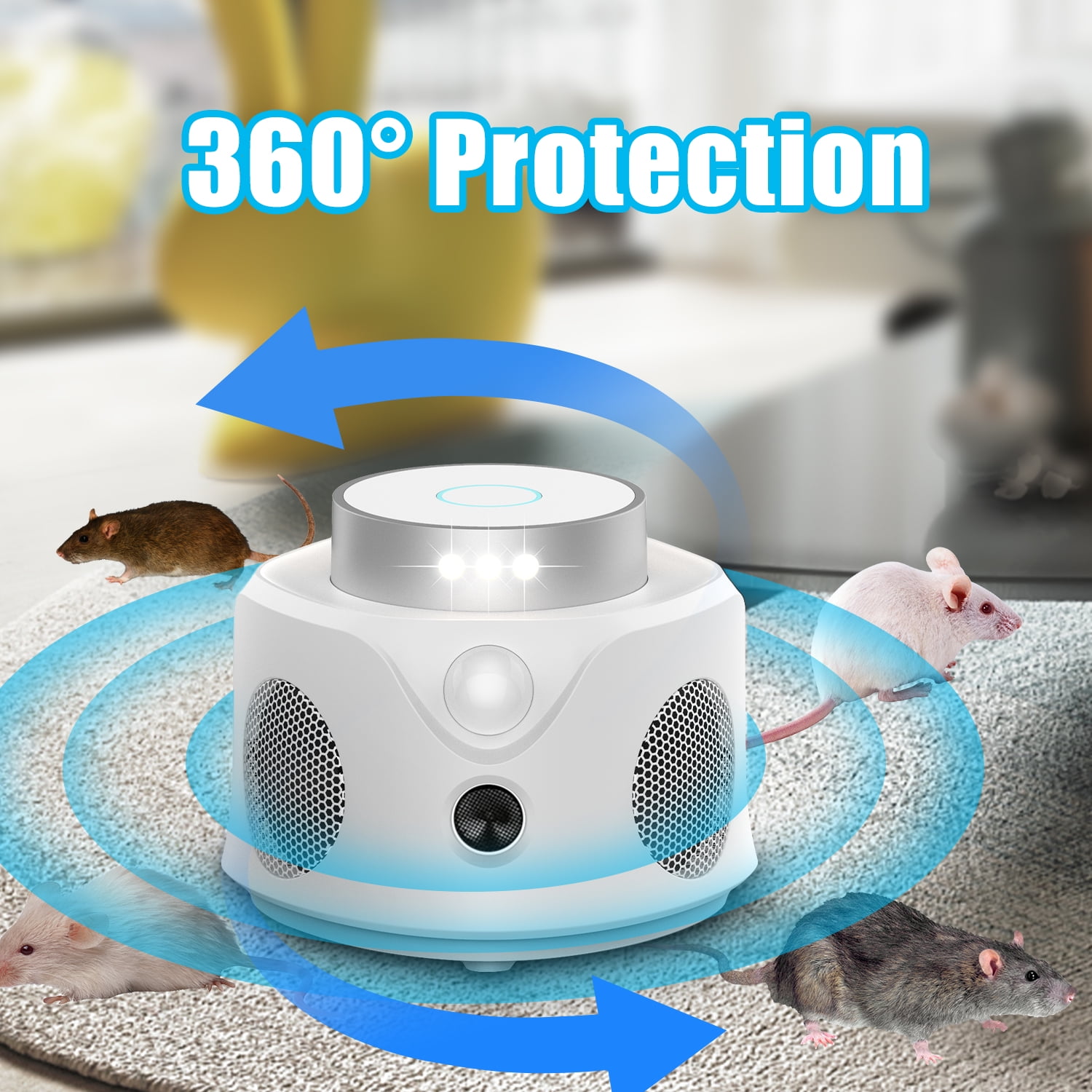 Dr.Shark 360° Smart Ultrasonic Mouse Repellent, 2pc, Smart Detection, 4 Speakers, 9 Flashing Light