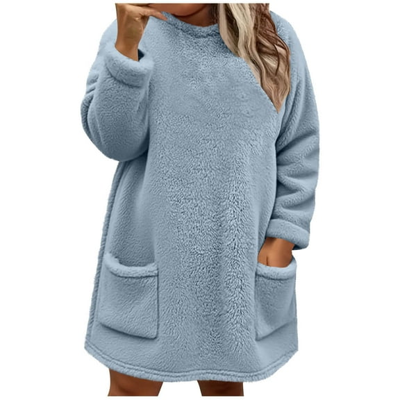 HUJlwoi Womens Plus Size Tops Fuzzy Fleece Crew Neck Thermal Winter Loungewear with Pockets Fluffy Warm Pajama Tops