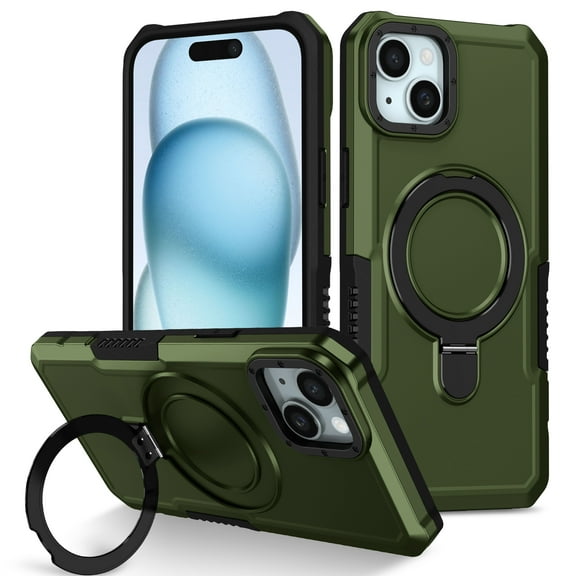 JTCASES for iPhone 15 Case, Lens Protective Frame Foldable Rotating Bracket 2-layer Anti-fall Shockproof Anti-scratch Rugged Shell for iPhone 15, Darkgreen