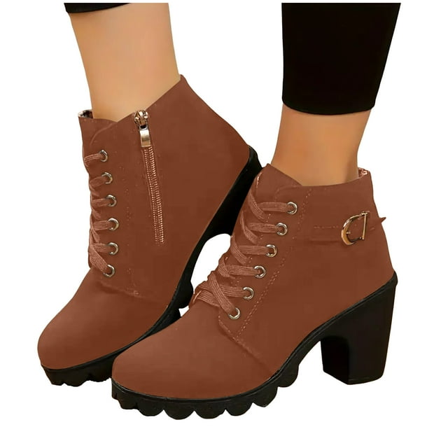 Bottes de Combat à Talons Hauts pour Femmes, Tactiques, à Lacets, Plateforme, Talon Épais, Bottines Courtes d'Équitation, Cheville, Chaussures d'Hiver et d'Automne