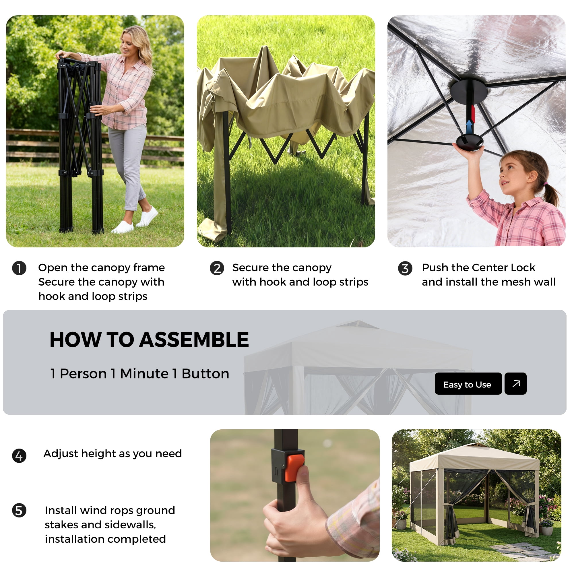 Advwin 10x10 Pop Up Canopy Tent with Netting, Instant Folding Outdoor Gazebo with Wheeled Carry Bag, 3 Adjustable Heights, 4 Sandbags & 4 Ropes, Portable Canopy Shelter for Patio, Backyard, Camping,