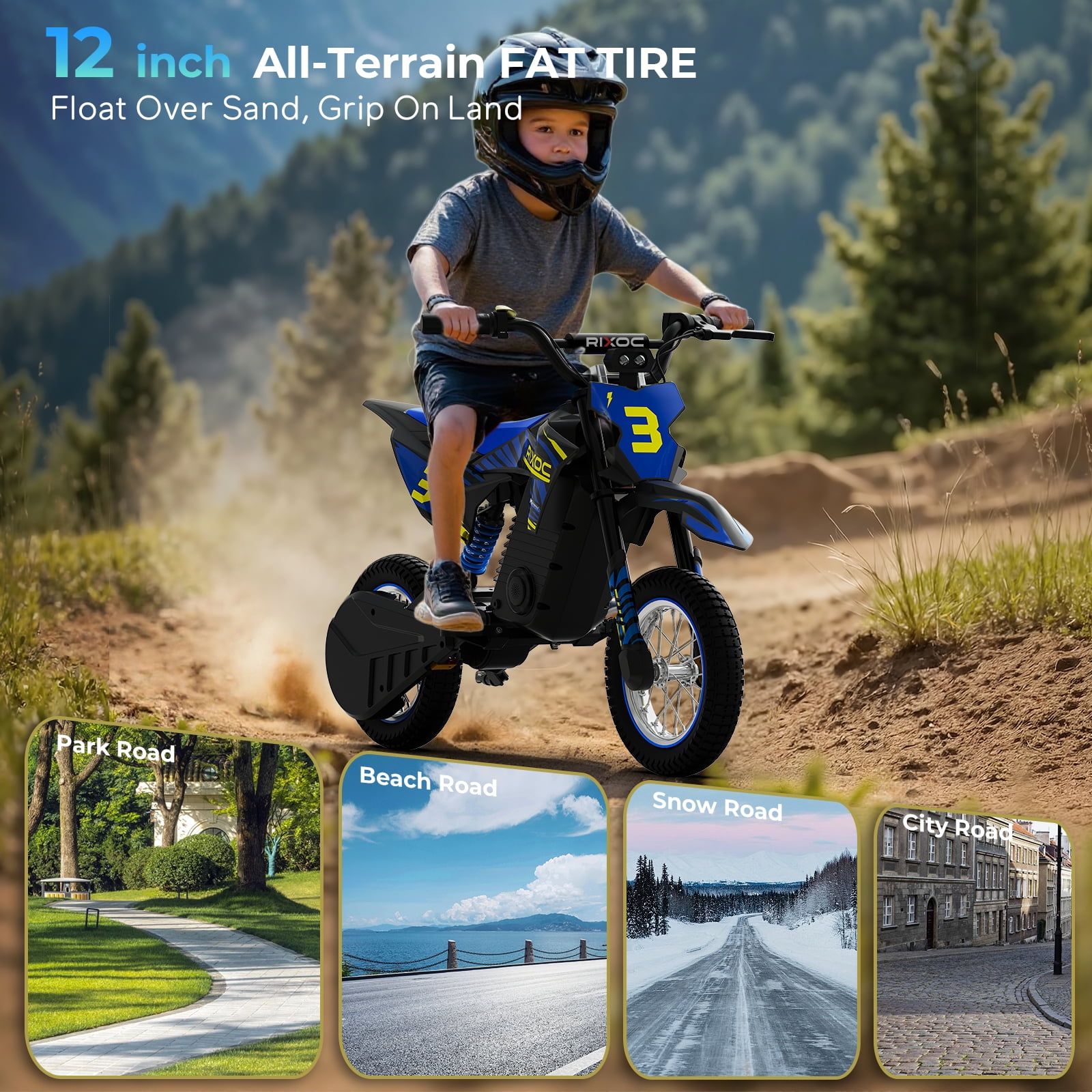 RIXOC DK-12 Electric Dirt Bike,3 Speed Modes up to 15.5 mph, 36V 5.2Ah Peak 700W Max 14Miles Electric Motorcycle for Kids Ages 3-8 UL2272