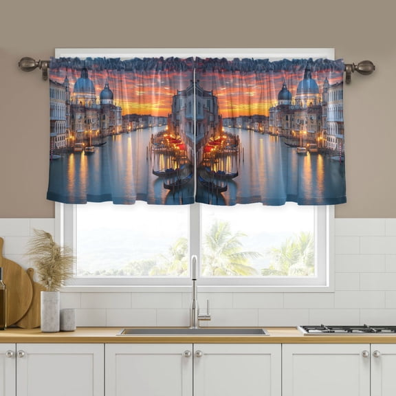 Yayeee Kitchen Curtains Tier Set of 2 Light Filtering 57"x24" Over Sink Window Panels, Sunset Boat House Pattern