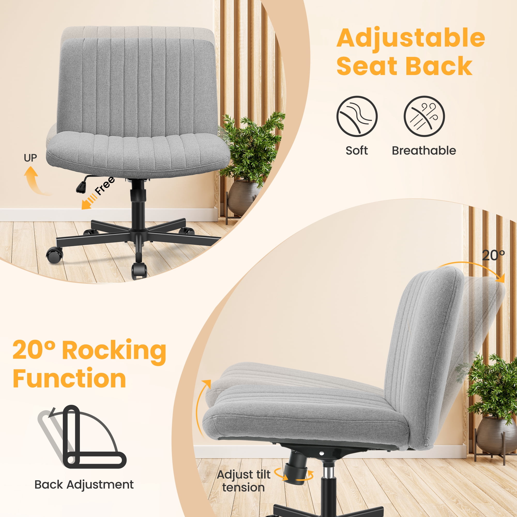 COOLHUT Office Chair Armless Criss Cross Legged Chair with Wheels, Linen Fabric Comfy Home Office Desk Chairs, Wide Seat Vanity Task Computer Chair, Light Gray