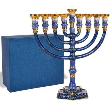 Zion Judaica Temple Style Solid-Weight Hanukkah Menorah – Comes Gift Boxed (Dark Blue and Gold)