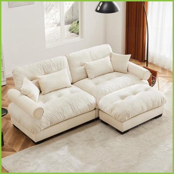 Modern Velvet Small L-Shaped Two-Seater Sofa with Ottoman - Cream Lounge with Bolster Armrests for Living Room Bedroom Loft