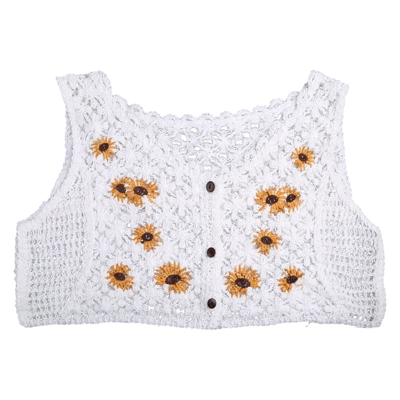 Aellinatey Women French Style Vintage Crochet Knit Vest Waistcoat Sweet Daisy Flower Embroidery Button Sleeveless Cropped Cardigan