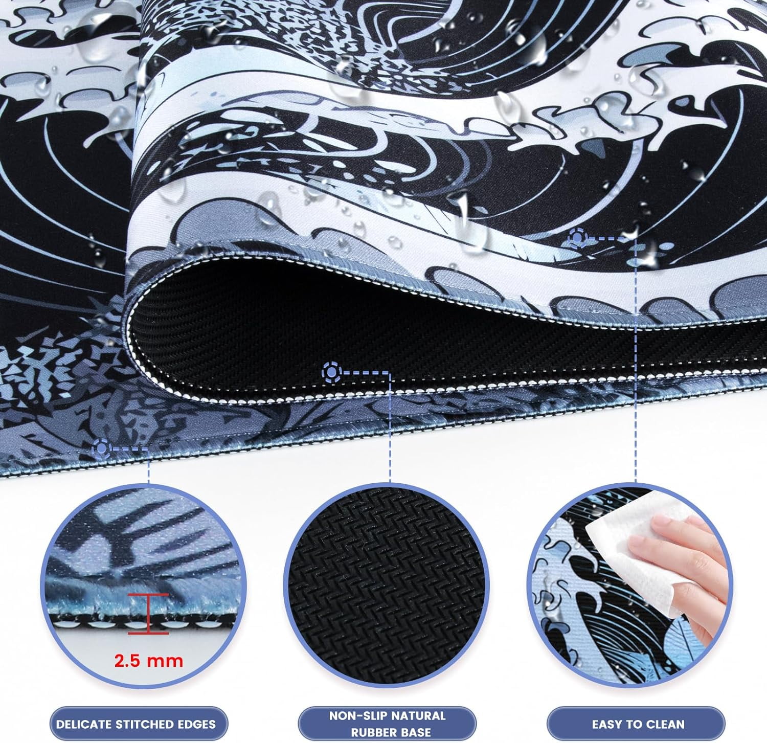 Japanese Sea Wave Large Mouse Pad, Gaming Mouse Pad, Extended Kanagawa Desk Pad, 35.4x15.75in XXL Mouse Pad with Non-Slip Rubber Base, Anime Mice Pad Desk Mat, Ghostly Black