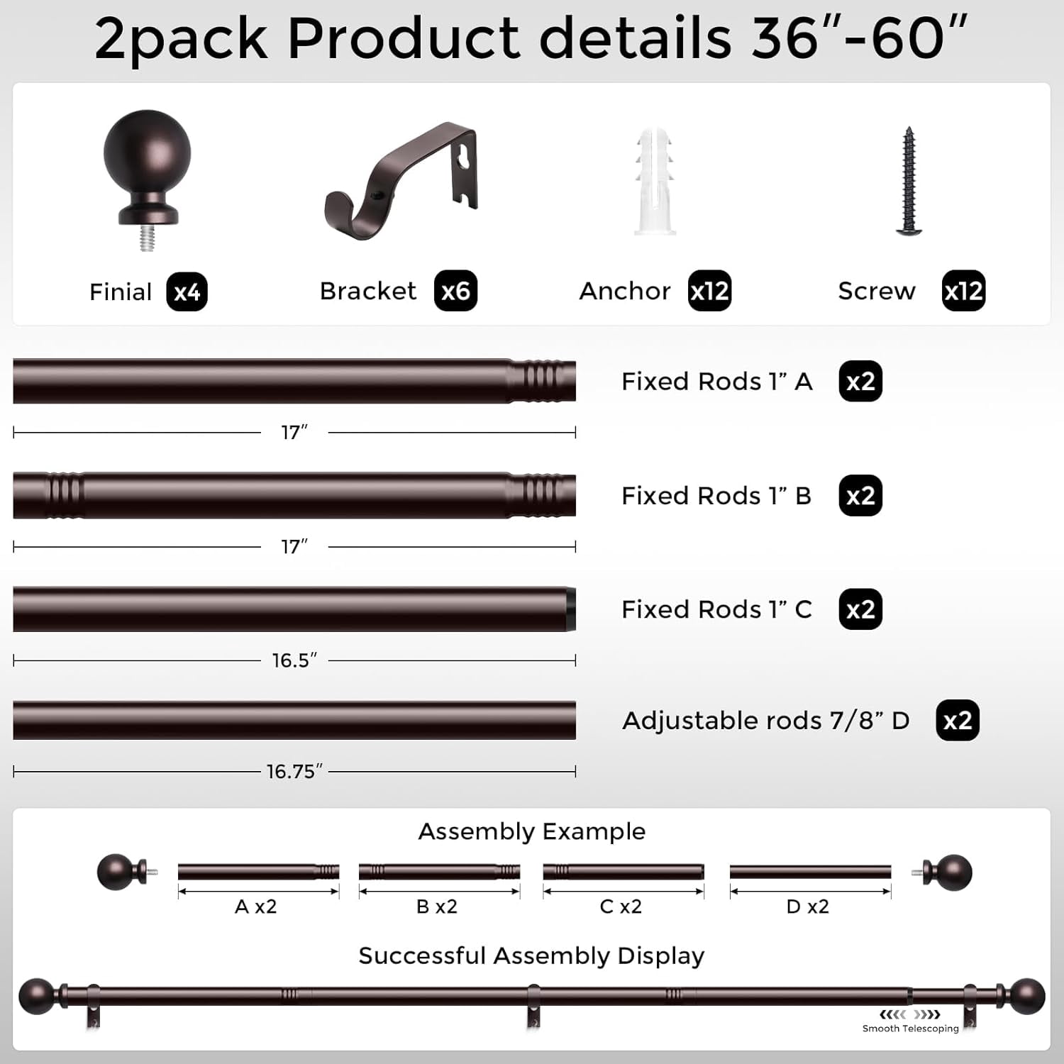 UniMall 2 Pack Red Bronze Curtain Rod, 1 Inch Adjustable Heavy Duty Curtain Rods for Windows 30 to 56 Inch, Decorative Modern Window Treatment Rods, Splicing Metal Drapery Pole, Easy Installation