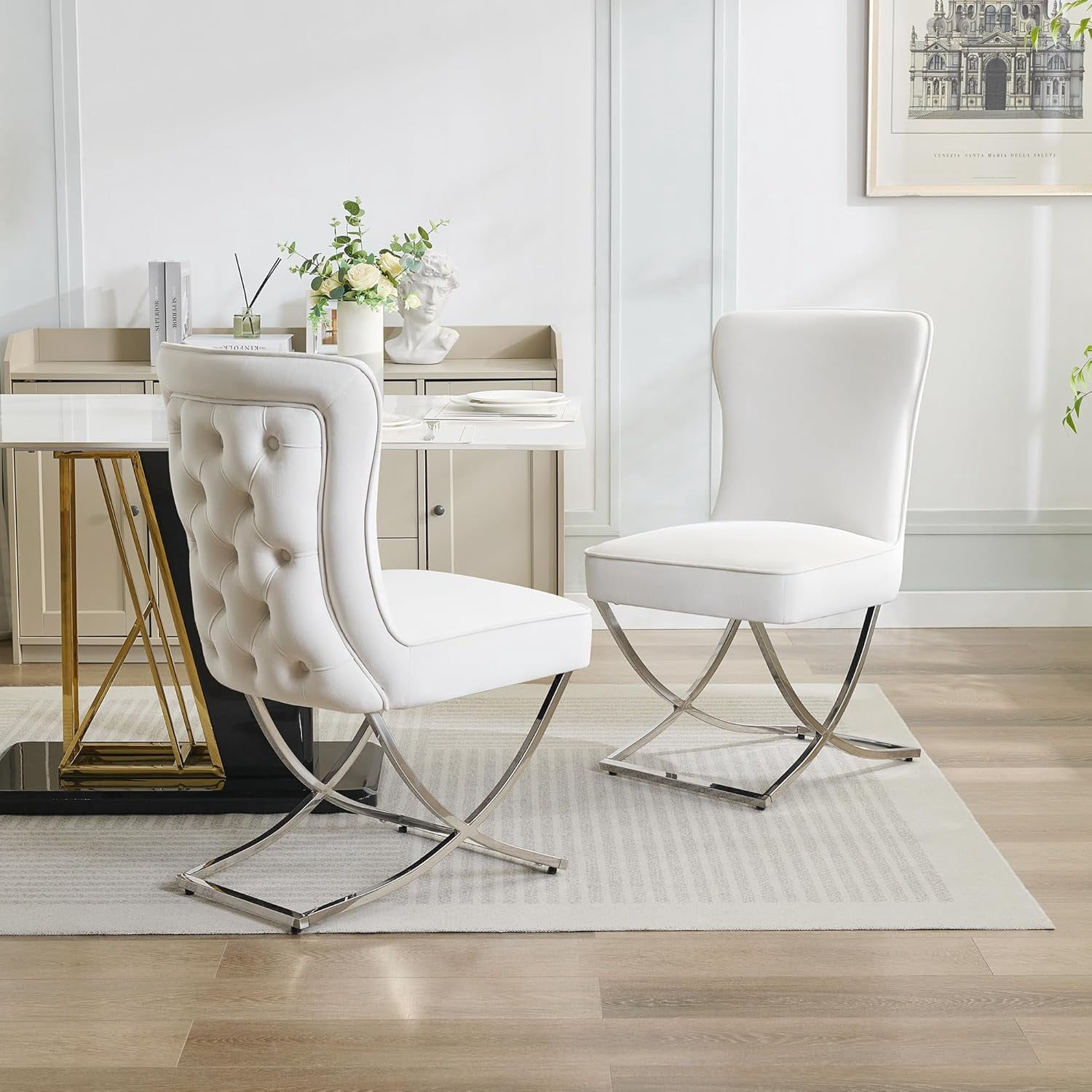 2PCS Luxury Velvet Dining Chairs, Tufted Upholstered Armless Accent Chairs with Silver Metal X-Legs, Modern Glam Dining Chair Kitchen Chairs, Beige