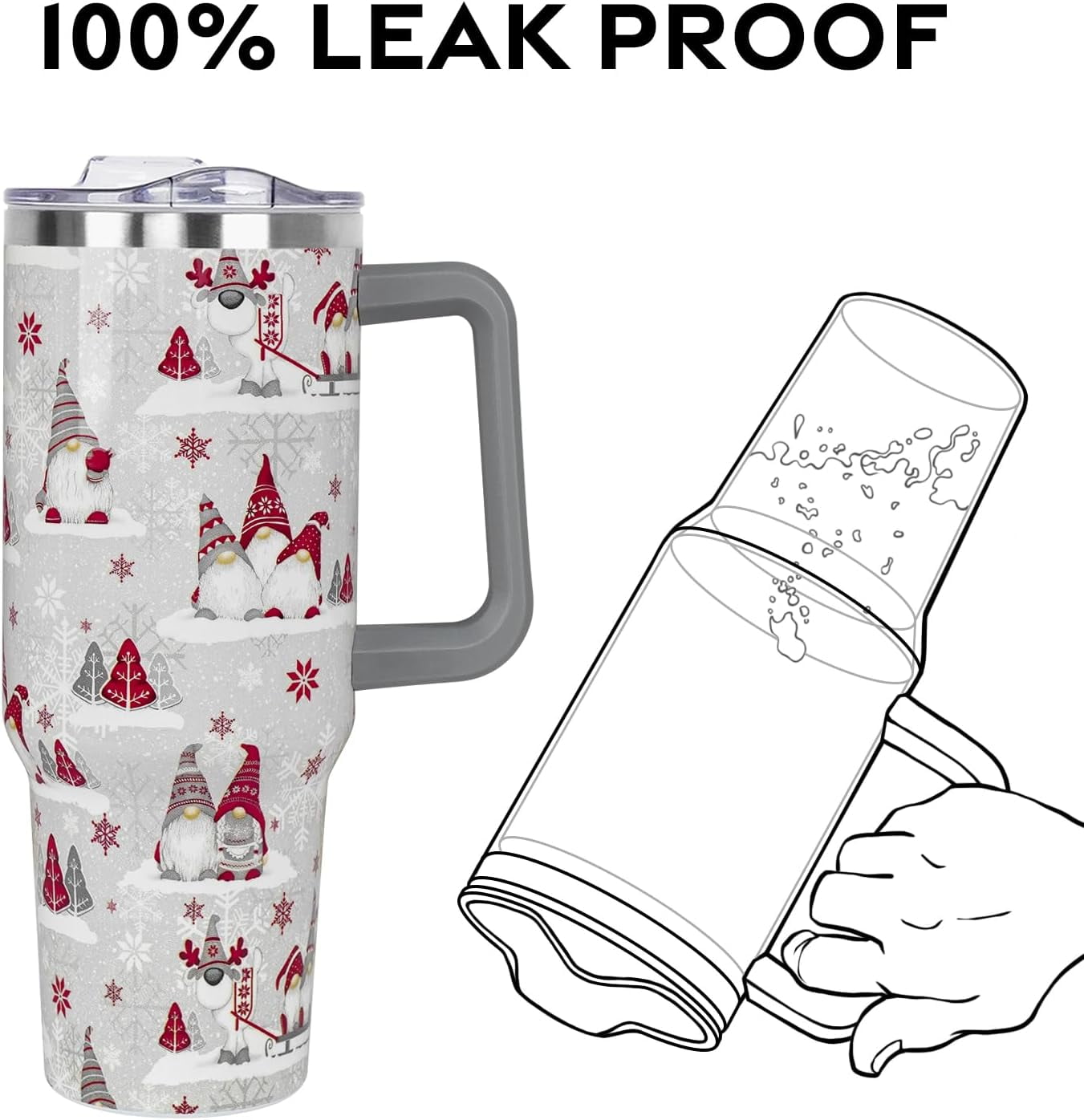 Christmas Winter Tumbler with Handle and Straw Lid 40 oz,Cute Merry Xmas Gnome Snowflake Gifts for Women Vacuum Insulated Leak Proof Tumbler,Holiday Accessories Stainless Steel Coffee Cup Mug (Red)