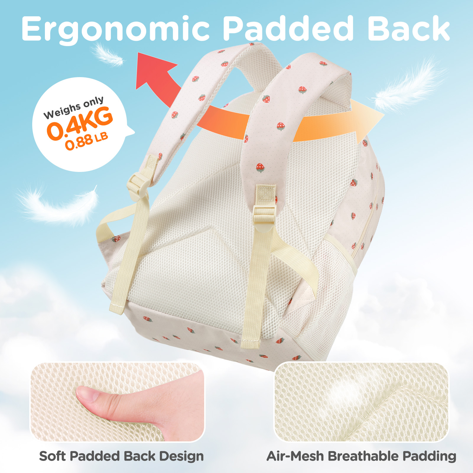 Mochila para niñas, impermeable para adolescentes, linda mochila escolar, estampado de fresa en beige 3