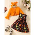 thumbnail image 3 of Honganda 3 Pcs Girl Halloween Set Ruffled Long Sleeve Coat Pumpkin Bat Print Tank Dresses Headband Outfits, 3 of 8