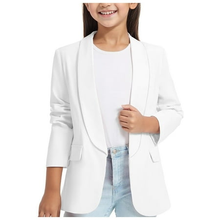 

Girls Shirts Long Sleeve Shawl Collarss Formal Suit Jacket Open Front Inner Pocket for Kids Ruffle Top 11-12 Years
