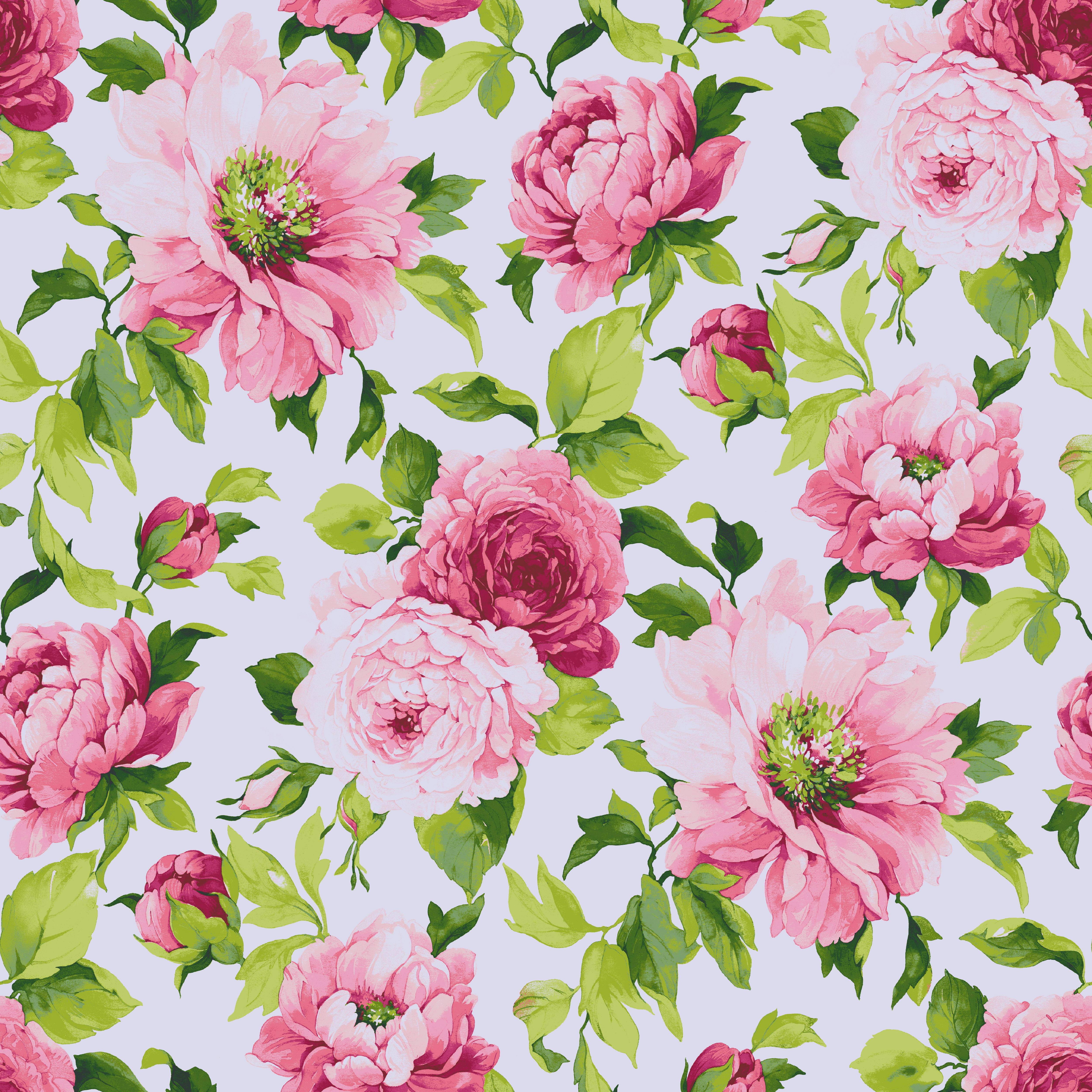 Pink Flowers on White Floral Cotton Flannel Fabric By The Yard 