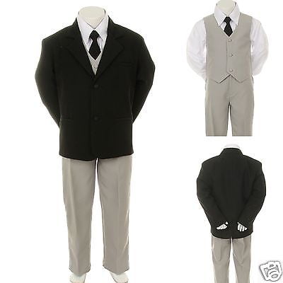 5pcs Set Tuxedo Suits Formal Outfit Wedding Party Silver Gray Size 2T-7 ST036A