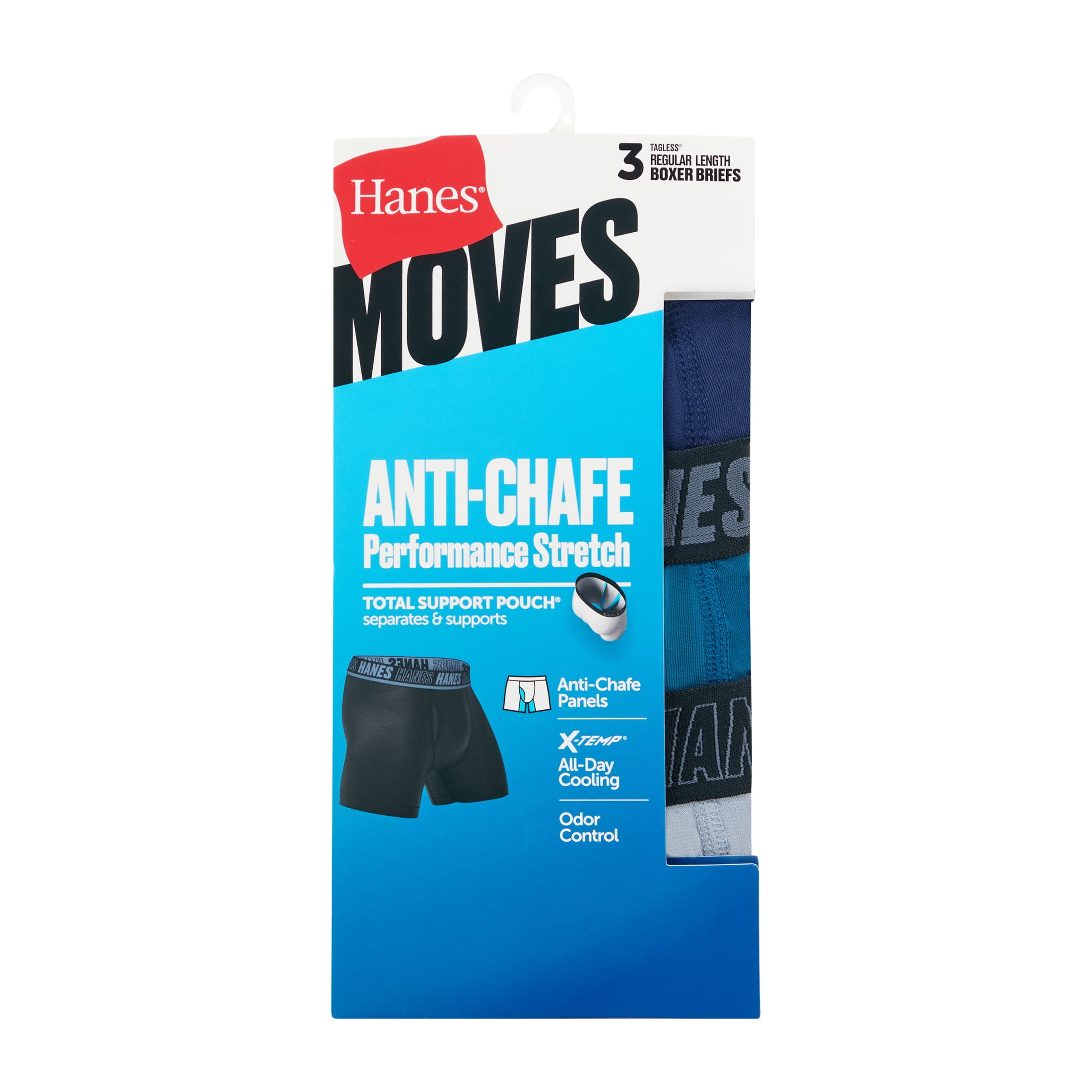 Hanes Mens Underwear Long Leg Boxer Briefs, 3-Pack, Moves Anti-Chafe with Total Support Pouch