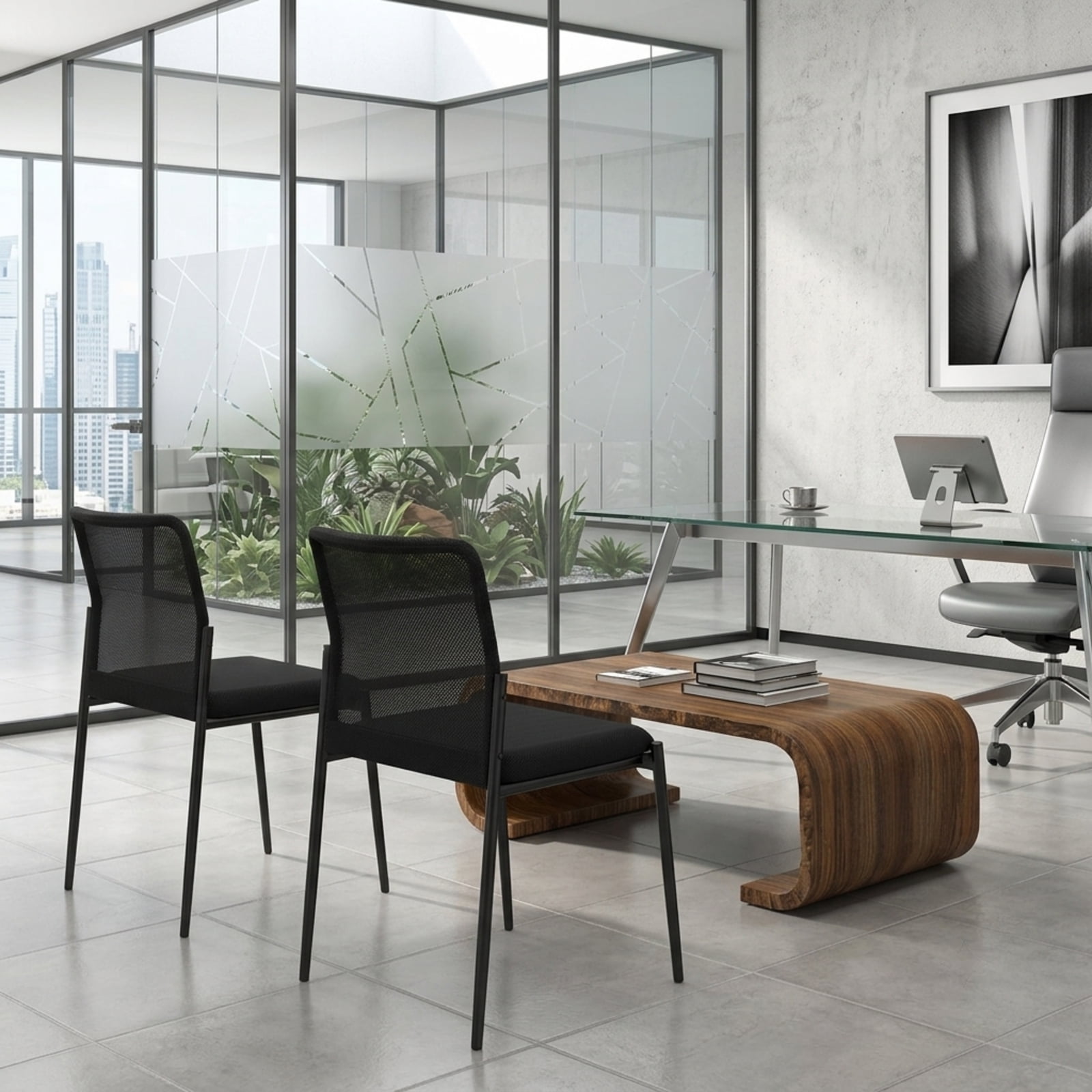 Furnibear Waiting Room Chair Set of 2 with Ergonomic Mesh Backrest and Padded Seat for Office Reception and Conference Room, Black