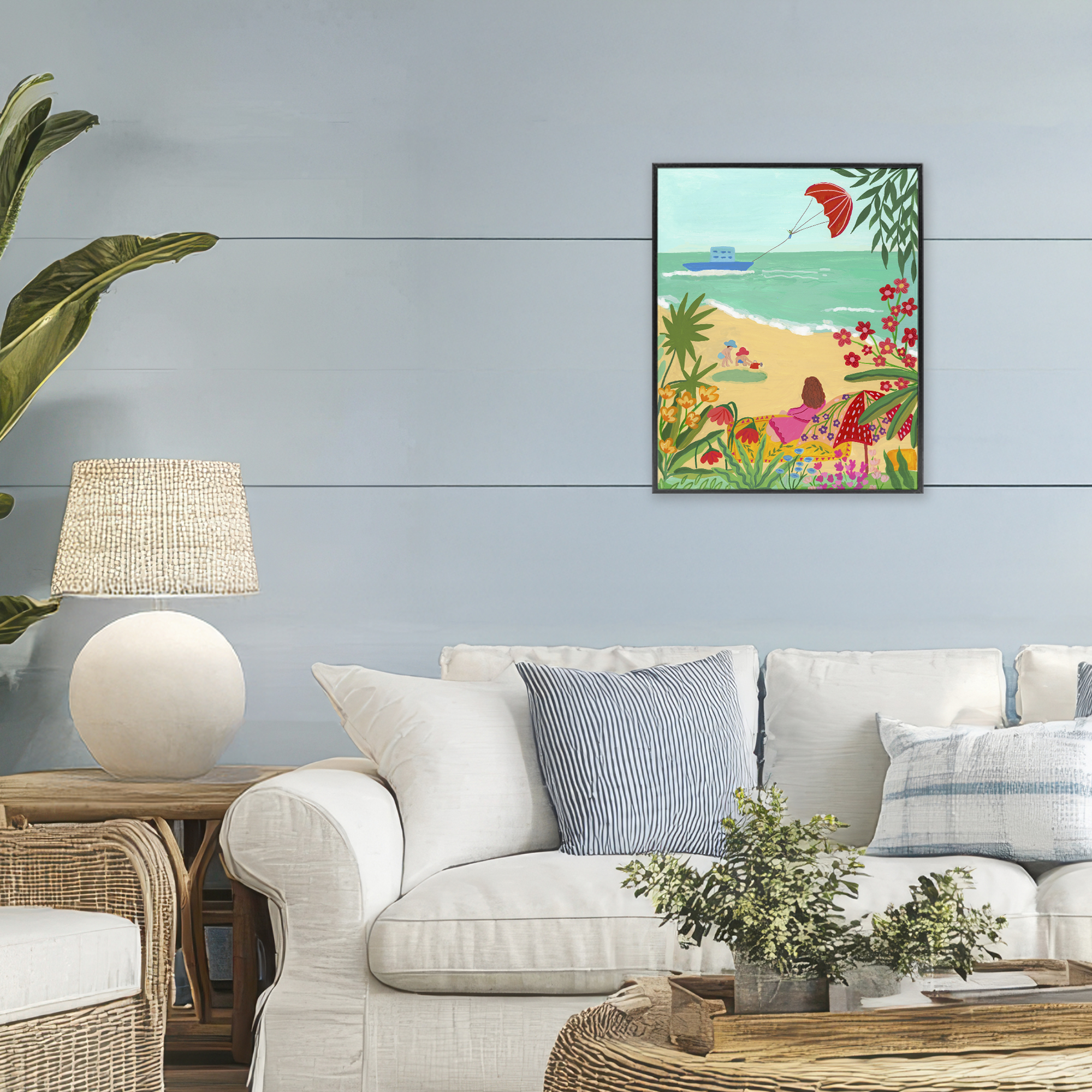 Beach And Flowers View Black Framed Giclee Art, design by Nabeela Rumi
