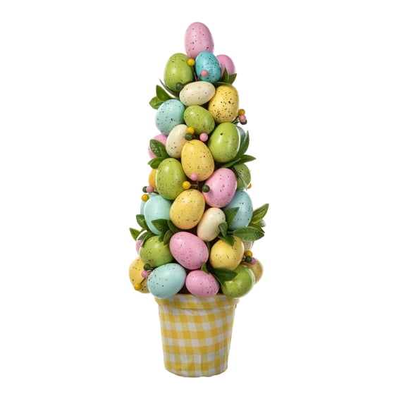 Artificial Egg Topiary Tree Spring Tabletop Decoration with Checkered Pot Faux Leaf Accents for Home Office Party Display
