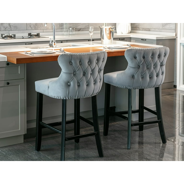 HOT Stools Set Grey Bar Stools Velvet Bar Stools Set Of Tufted Bar