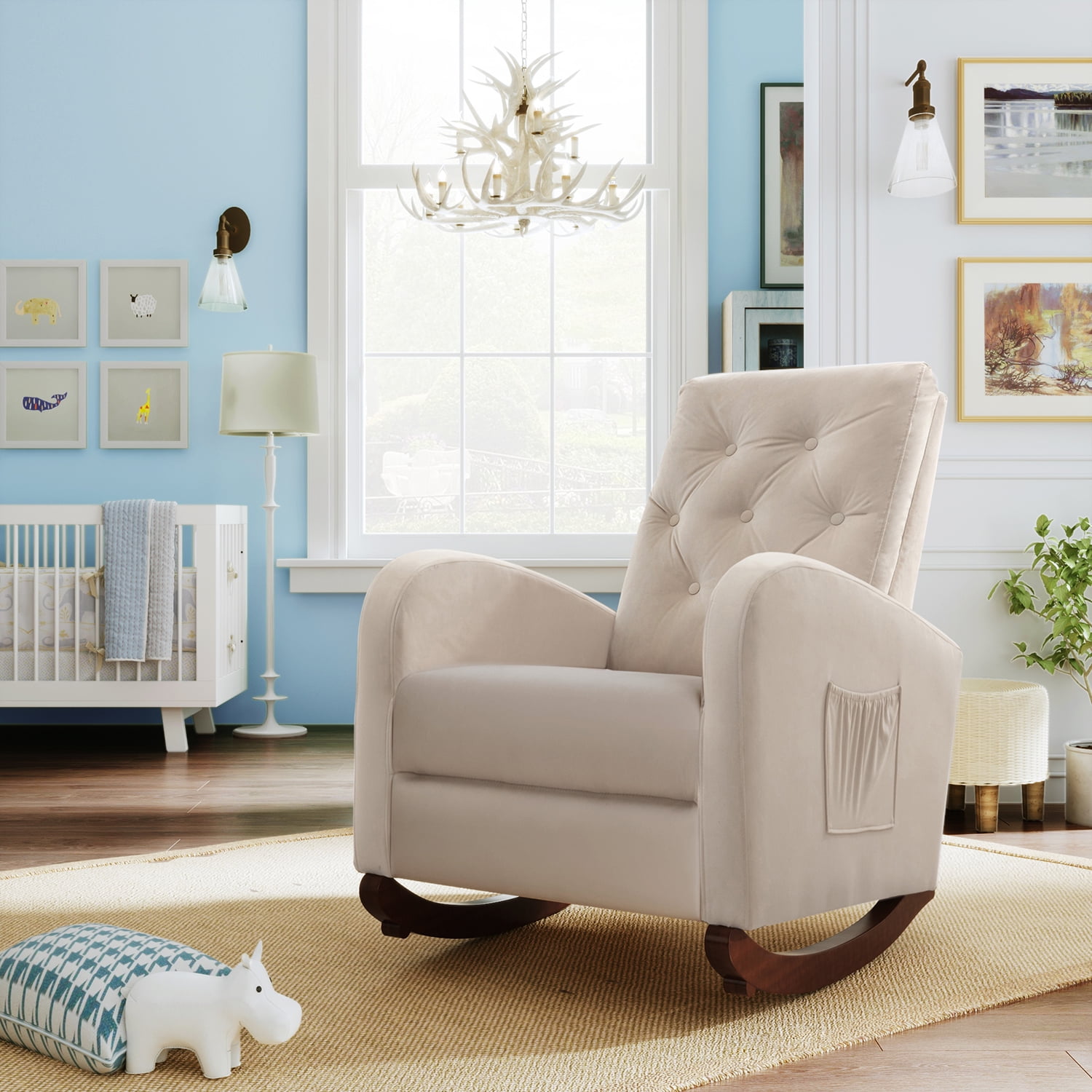 Kadyn High Back Rocking Chair, Modern High Back Armchair for Living Room, Velvet Rocking Chair with Side Pockets, Beige Kadyn High Back Rocking Chair, Modern High Back Armchair for Living Room, Velvet Rocking Chair with Side Pockets, Beige