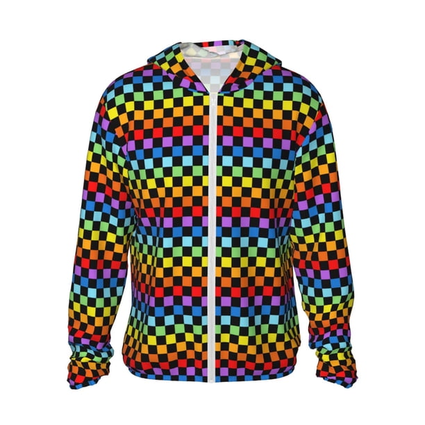 Fotbe Rainbow Chequerboard Chaqueta con Protección Solar UPF 50+ para Hombre y Mujer, Camisa con Capucha y Bolsillos-Medium