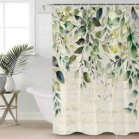 Eucalyptus Leaves Waterproof Fabric Shower Curtain, Watercolor Weeping Teal Botanical Vintage Shower Curtain for Bathroom Curtains Bathtubs Hotel Washable Shower Curtains with 12 Hooks Stall 48x72in