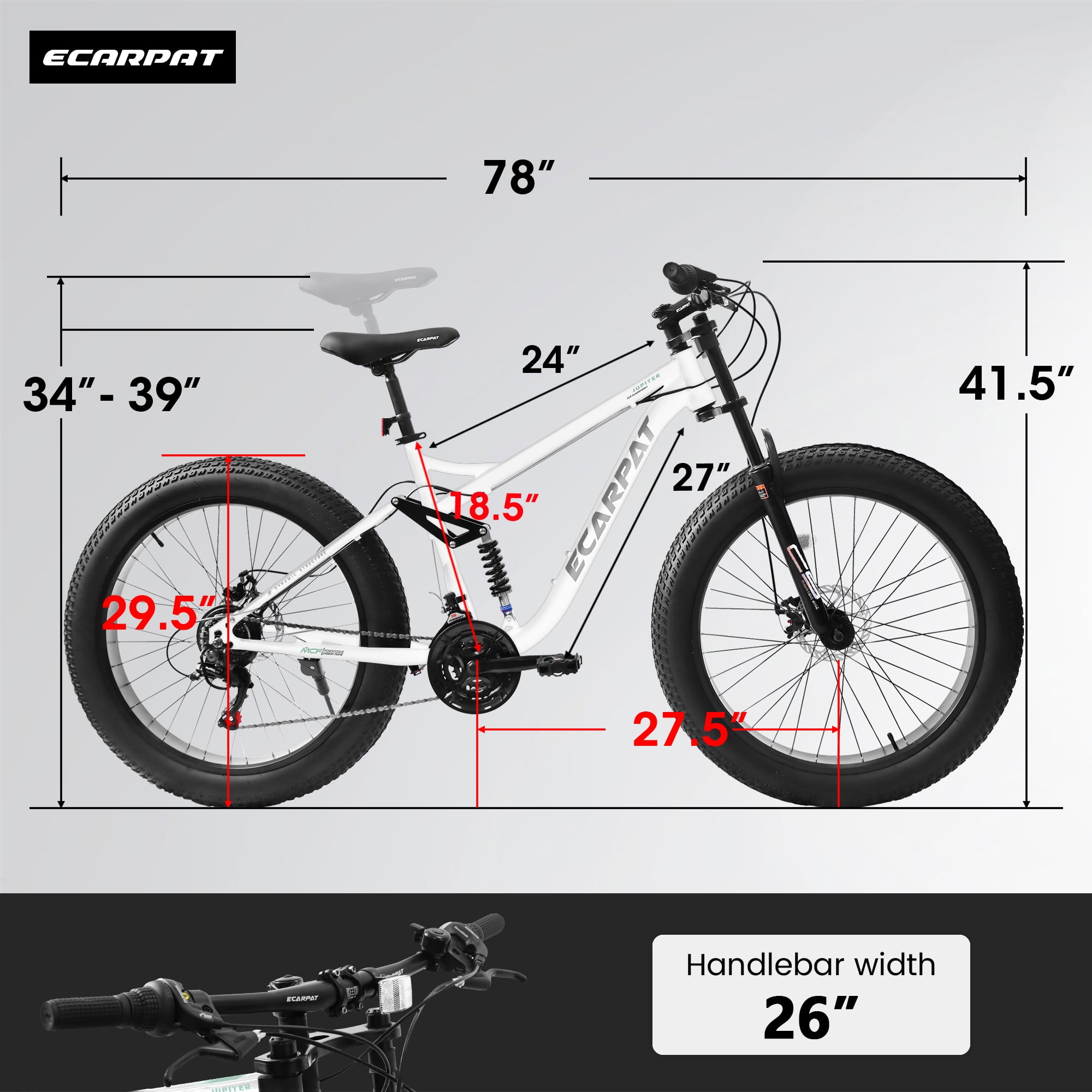 26 in Men's Fat Tire Bike,Shimano 21-Speed,Full Suspension Mountain Bike,White