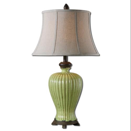 31" Crackled Green Ceramic, Chocolate Bronze & Khaki Round Bell Shade Table Lamp