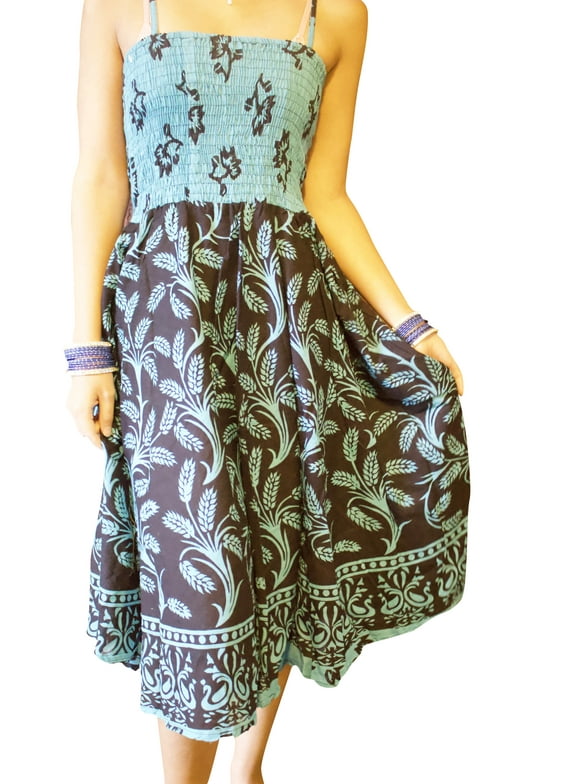 Mogul Women Summer Dress, Midi Strap Dresses, Blue Black Printed Cover-Up Flare Dress Fit Flare Summer Fashion SM