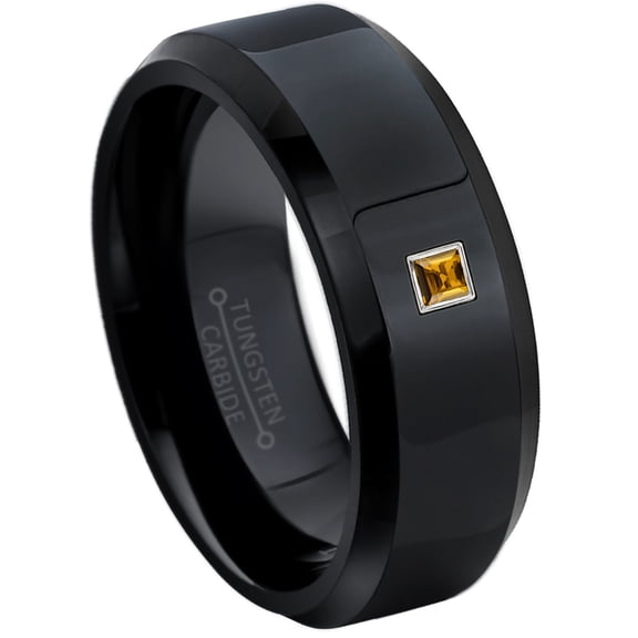 0.05ctw Princess Cut Citrine Tungsten Ring - 8MM Polished Black IP Beveled Edge Tungsten Carbide Wedding Band - November Birthstone Ring - 14kt White Gold Bezel - TN084PS-1CNs14