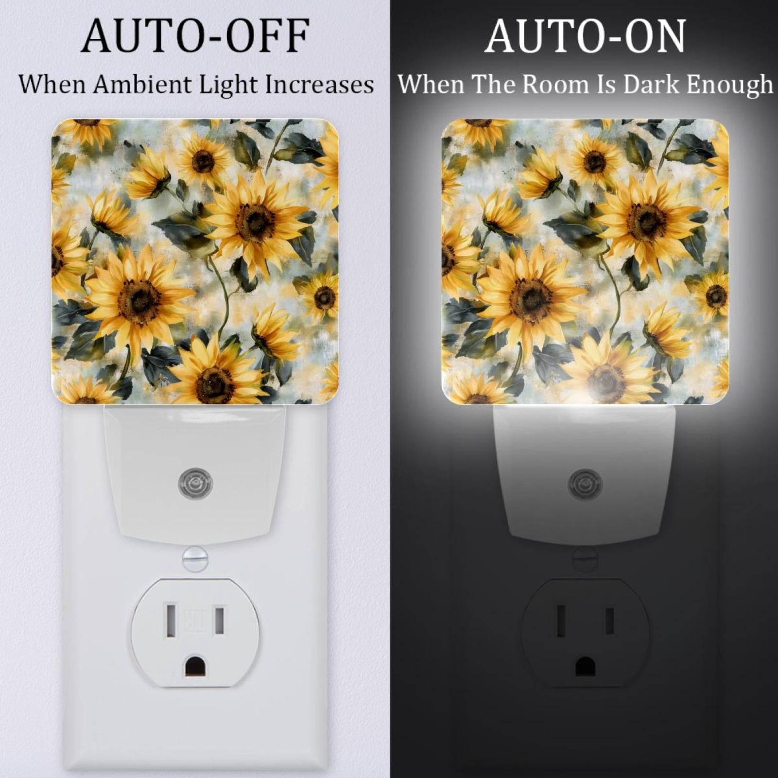 PhooArto Sunflowers Vintage Pattern Plug in LED Night Light Auto Sensor Dusk to Dawn Decorative Night for Bedroom, Bathroom, Kitchen, Hallway, Stairs, Baby's Room, Energy Saving