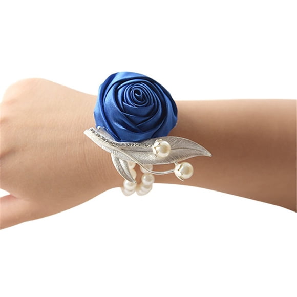 Jackcsale Fashion Wedding Bridesmaid Wrist Flower Corsage Party Hand Flower Decor with Faux Pearl Bead Wristband Blue Pack of 4