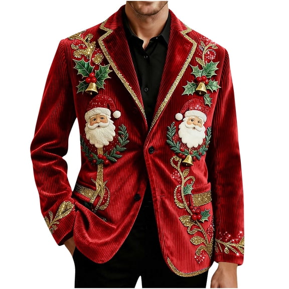 ZVNAΖH Men's Corduroy Christmas Blazer, Embroidered Santa Single Breasted Suit Jacket, Holiday Party Gift Coat, S-4XL