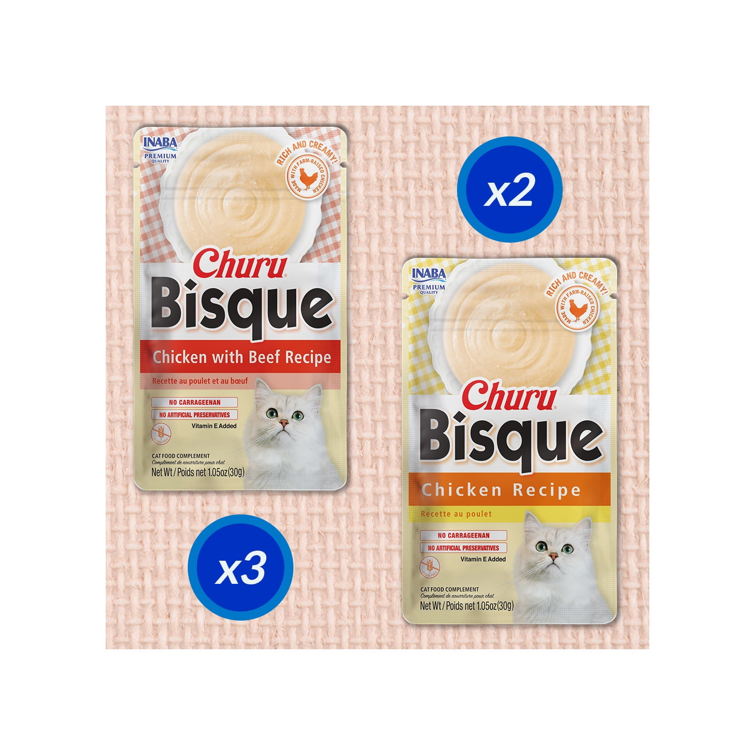 (6 pack) INABA Churu Bisque for Cats, Creamy Lickable Purée with Vitamin E, Chicken Variety Pack, 1.05 oz Pouches, 5‑Count