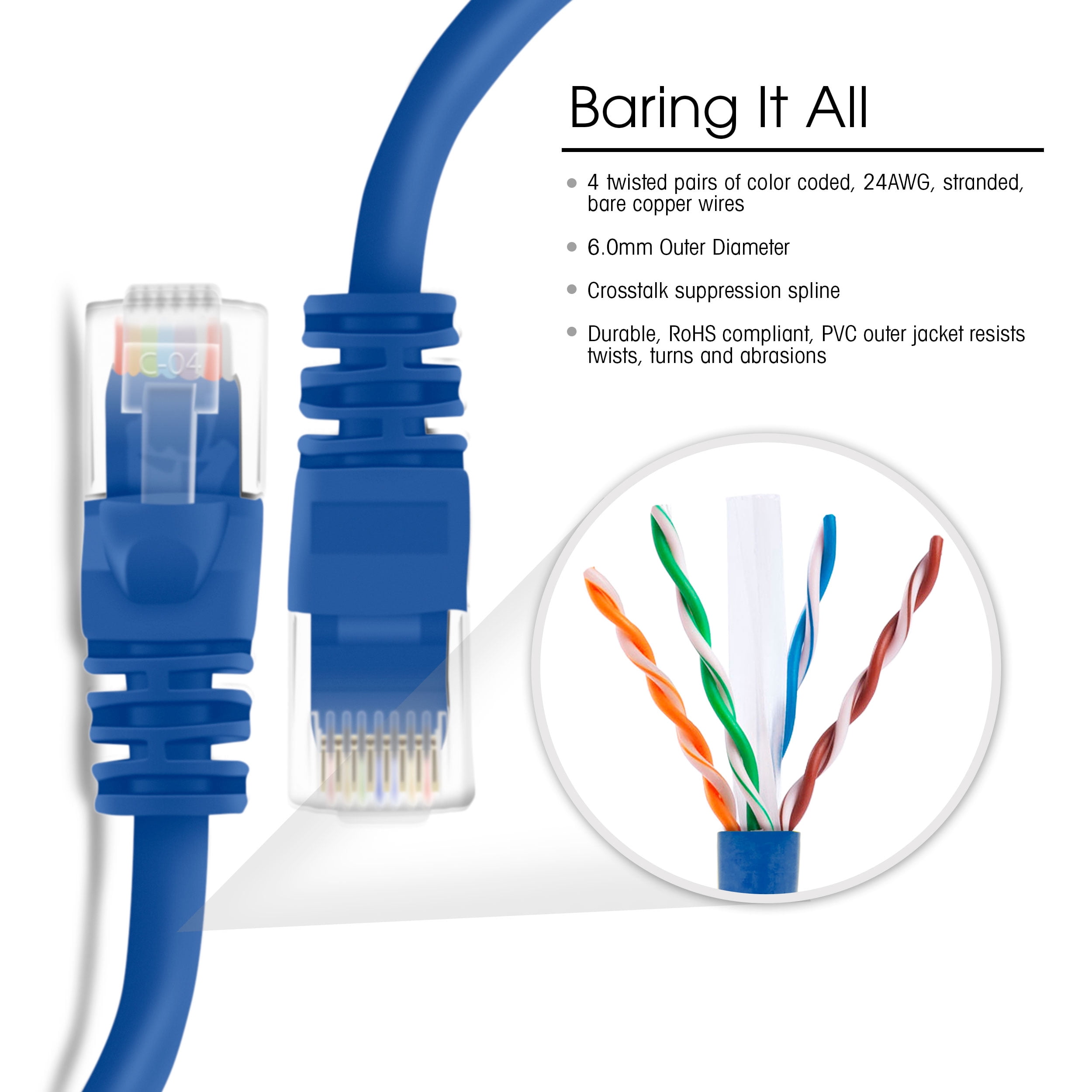 GearIT 24-Pack, Cat 6 Ethernet Cable Cat6 Snagless Patch 3 Feet - Snagless RJ45 Computer LAN Network Cord, Blue - Compatible with 24 48 Port S POE Rackmount 24port Gigabit