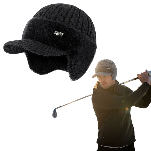 Blocking Knitted Hats with Ear Flaps and Wool Brim, Soft Breathable Fur-Lined Warm Baseball Beanie for Men