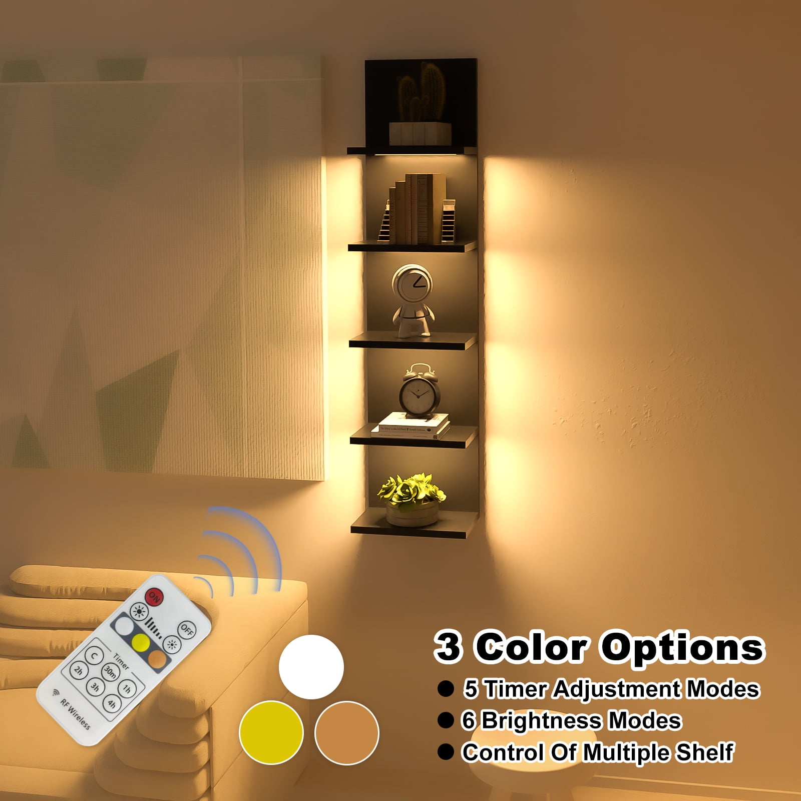 5 Tier Wall Shelves with Light, Vertical Column Shelf Floating Storage Home Decor Organizer Tall Tower Design Utility Shelf (Black)