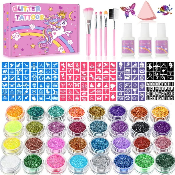 Kit de tatuajes temporales con purpurina XiqiDianR, 32 colores con plantillas